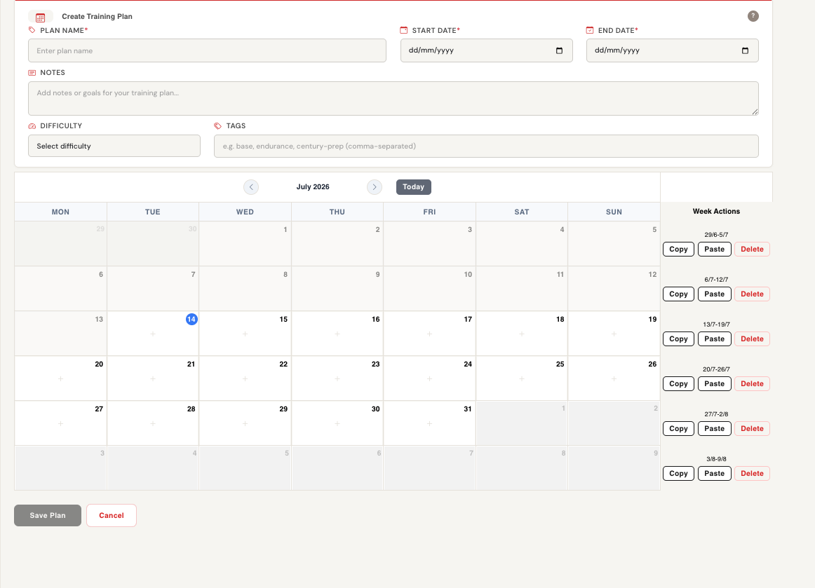 The ZaarviQ Plan Builder — create a training plan with name, dates and difficulty, then lay out workouts on a week-by-week calendar with copy, paste and delete on each week.