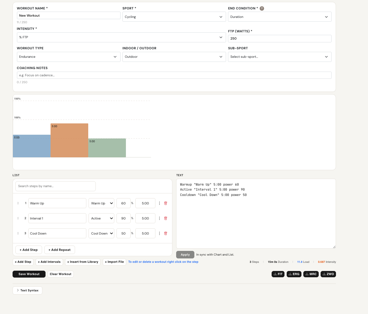 The ZaarviQ Workout Studio editor — workout details at the top, an interval chart in the middle, and the list and text builders side by side.
